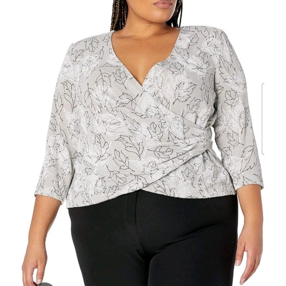 Alex Evenings Women's Metallic Leaf Print 3/4 Sleeve Faux Wrap Top Large